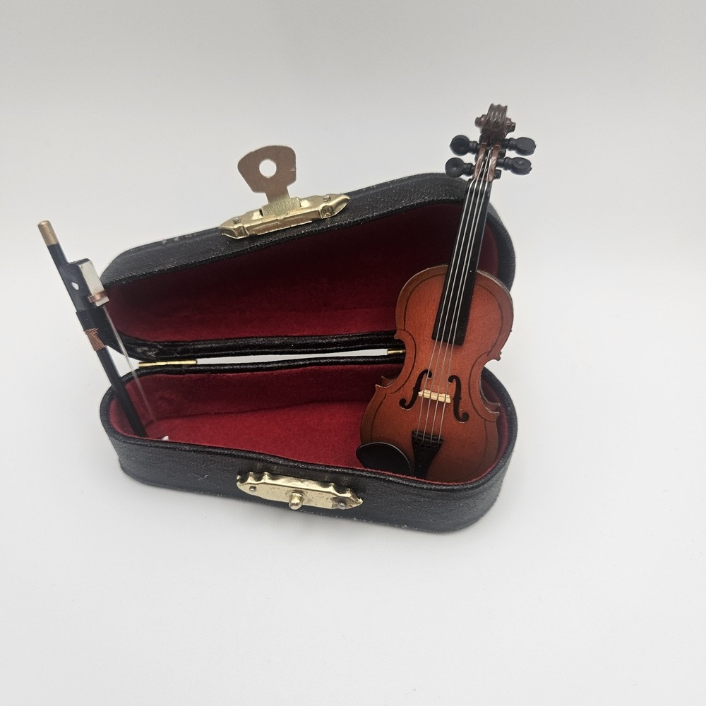 Vintage Miniature (3.25") Wooden Violin With Bow And Case. Beautiful Condition